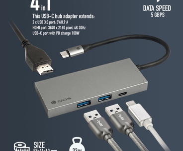 HUB 4 PUERTOS USB-C WONDERDOCK4 PRO GRIS NGS